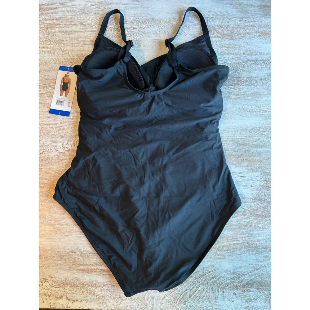 NWT DKNY One Piece Swimsuit Women Large Black Ruched Wrap Front Tummy Control - Picture 2 of 7